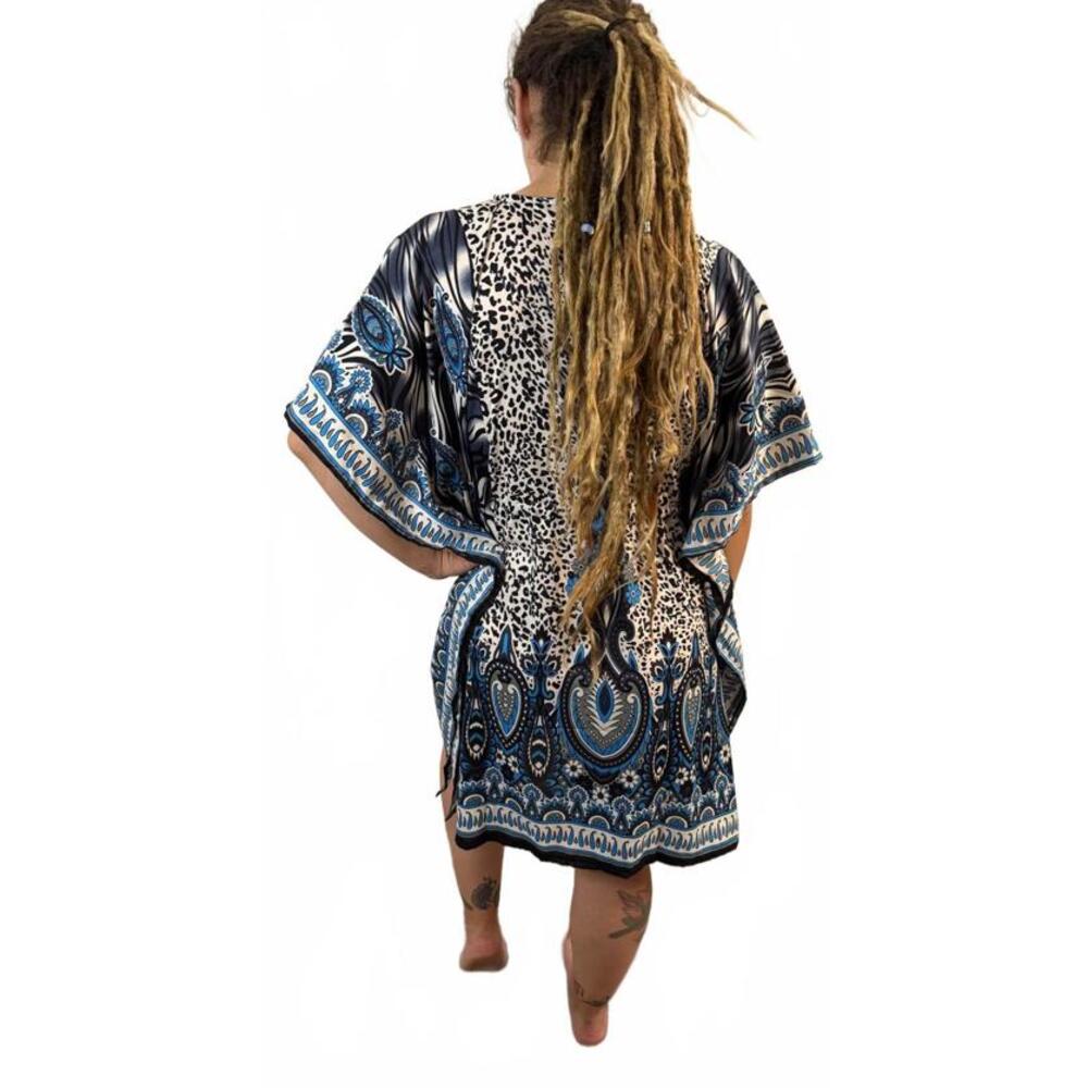 NWT Boho Style Blue Black Caftan Swim Beach Cover up Tunic Dress L XL XXL OS - Picture 2 of 3